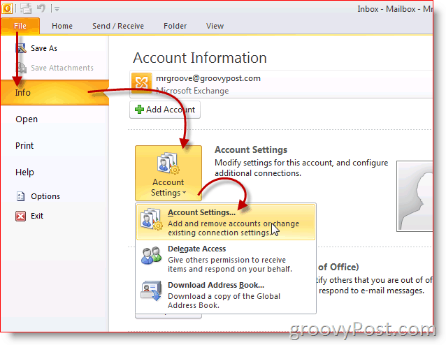 Paramètres du compte de capture d'écran Outlook 2010