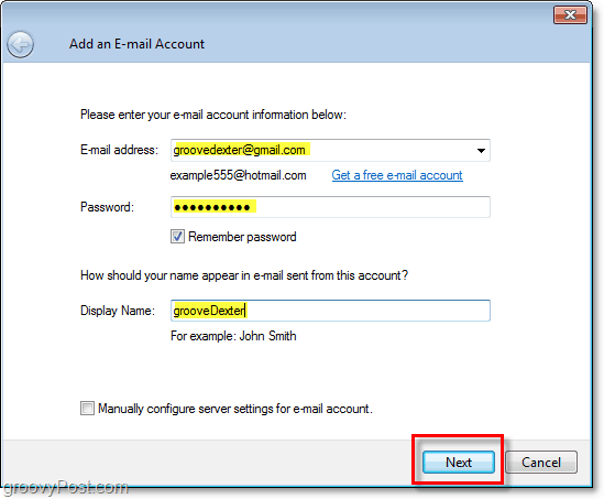 entrez les informations d'identification pour le compte de messagerie dans Windows Live Mail