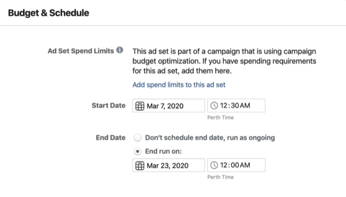 Section Budget et calendrier au niveau de l'ensemble d'annonces dans Facebook Ads Manager