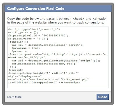 code de pixel de conversion facebook