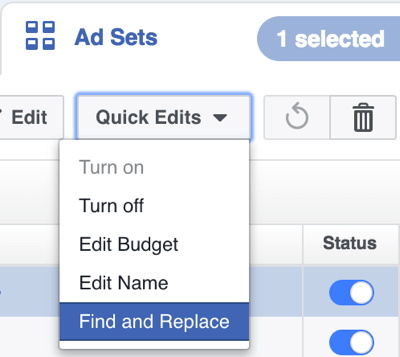 Dans Power Editor, cliquez sur Modifications rapides et sélectionnez Rechercher et remplacer dans le menu déroulant.