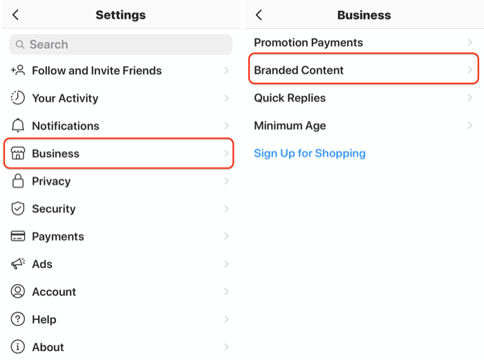 Paramètres d'approbation du contenu de marque Instagram pour le profil d'entreprise