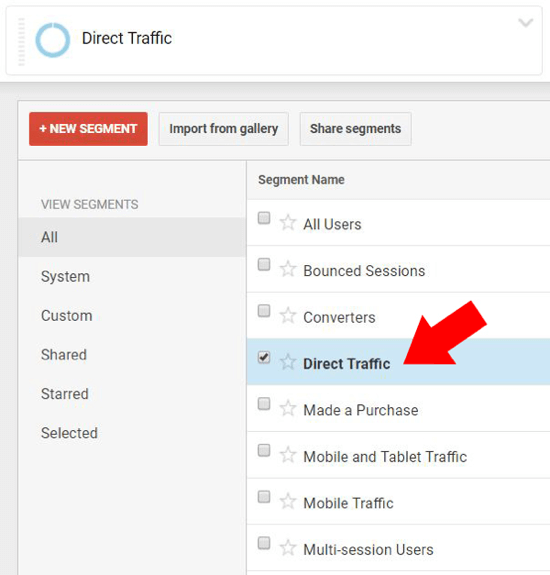 Sous Vue d'ensemble dans Google Analytics, sélectionnez Trafic direct et assurez-vous qu'aucun autre nom de segment n'est sélectionné.