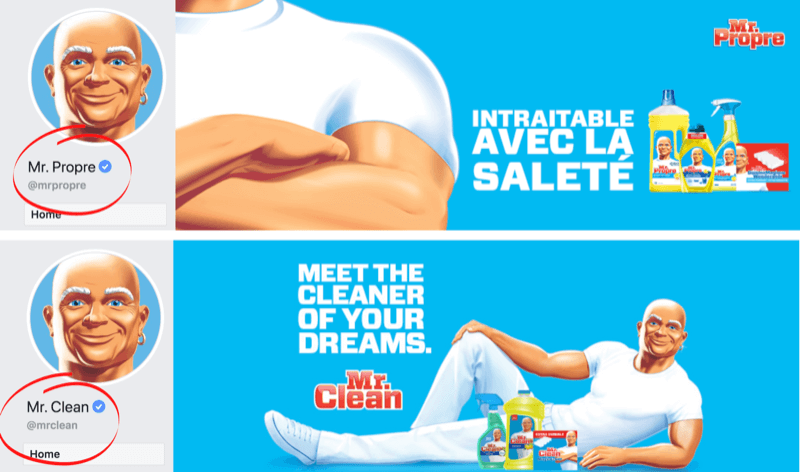 Page Facebook et image de couverture montrant les différences linguistiques pour la marque Mr. Clean en France / Belgique et aux Etats-Unis