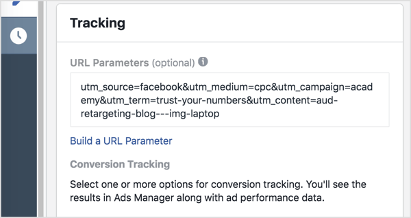 Dans Ads Manager, ajoutez vos paramètres de suivi (tout après le point d'interrogation) dans la zone Paramètres d'URL.