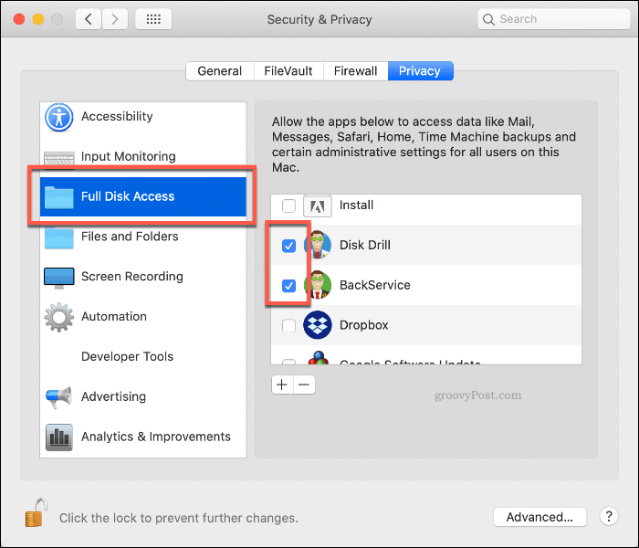 Autoriser l'accès complet du disque à Disk Drill sur macOS