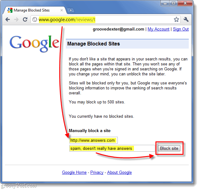 bloquer manuellement un site Web des résultats de recherche google 