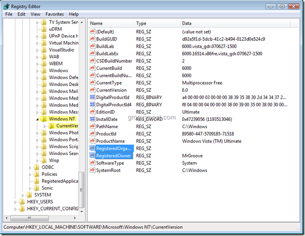 Capture d'écran de l'éditeur de registre Windows