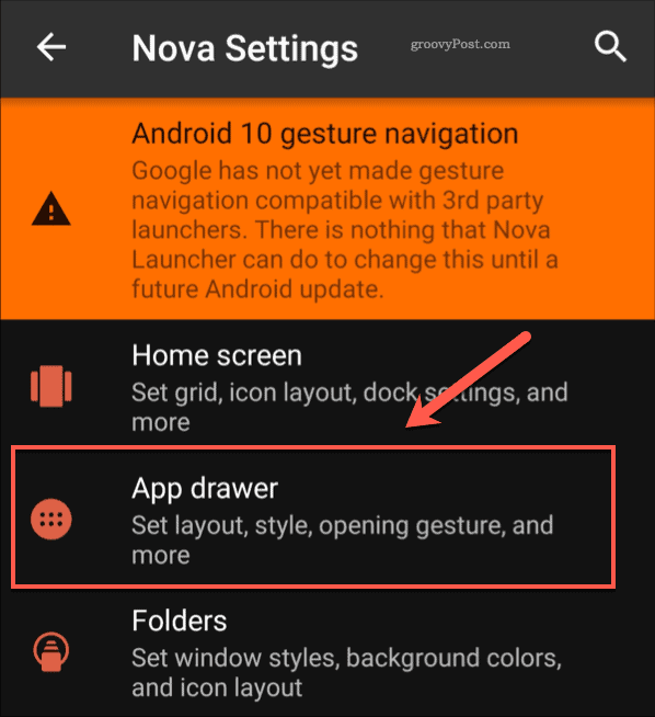 Option de menu du tiroir de l'application Nova Settings