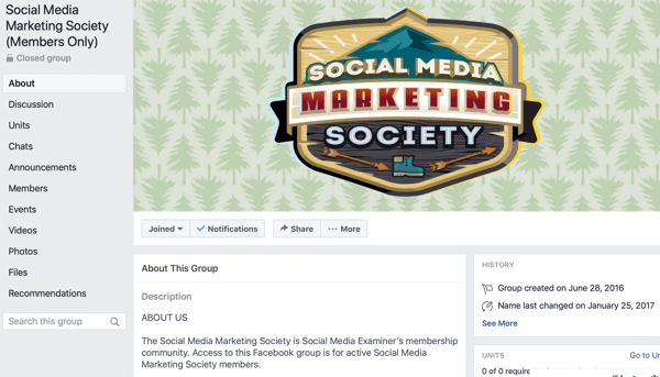 Comment utiliser les fonctionnalités des groupes Facebook, exemple de page de groupe Facebook pour Social Media Marketing Society