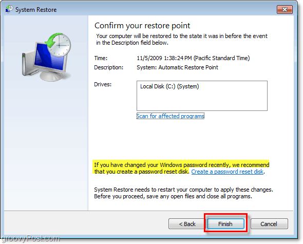 comment confirmer que vous restaurez votre Windows 7 avec un point de restauration et créer un disque de réinitialisation de mot de passe