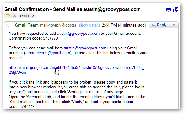 boîte de réception gmail - e-mail de vérification