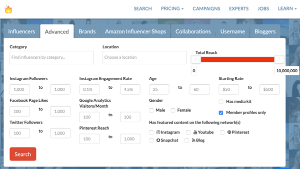 Exemple d'écran de recherche avancée d'influenceurs d'Influence.co.