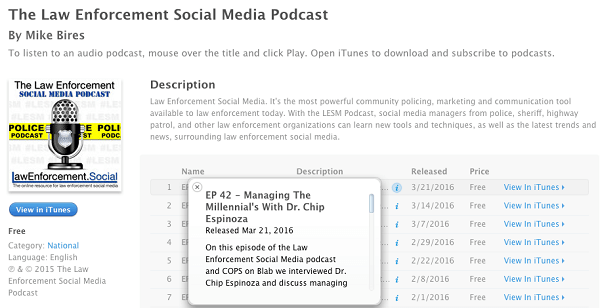 blabs des médias sociaux chargés de l'application de la loi téléchargés sur iTunes sous forme de podcasts