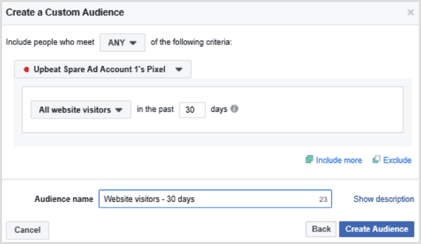Choisissez des options pour configurer une audience Facebook personnalisée de tous les visiteurs du site Web au cours des 30 derniers jours