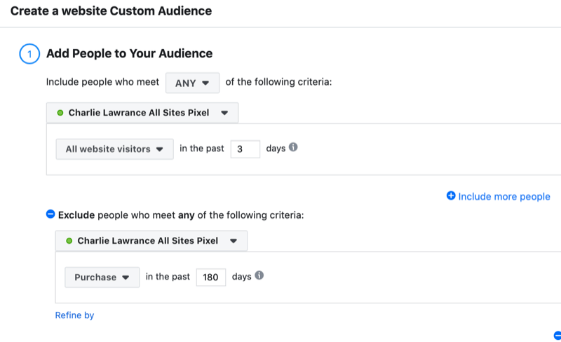 Configuration d'audience personnalisée du site Web Facebook pour l'annonce de rappel