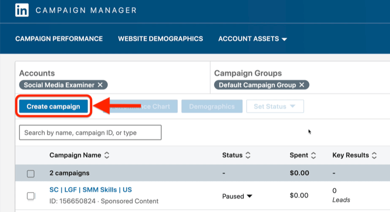 Exemple de tableau de bord d'annonces du gestionnaire de campagne linkedin avec le bouton de création de campagne en surbrillance