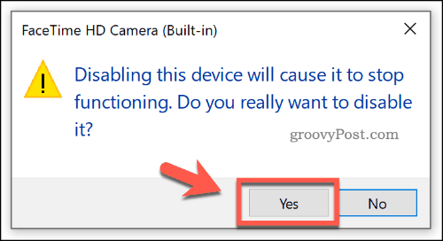Confirmation d'un périphérique en cours de désactivation dans le Gestionnaire de périphériques sous Windows 10