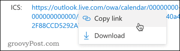 Copie du lien vers un calendrier Outlook