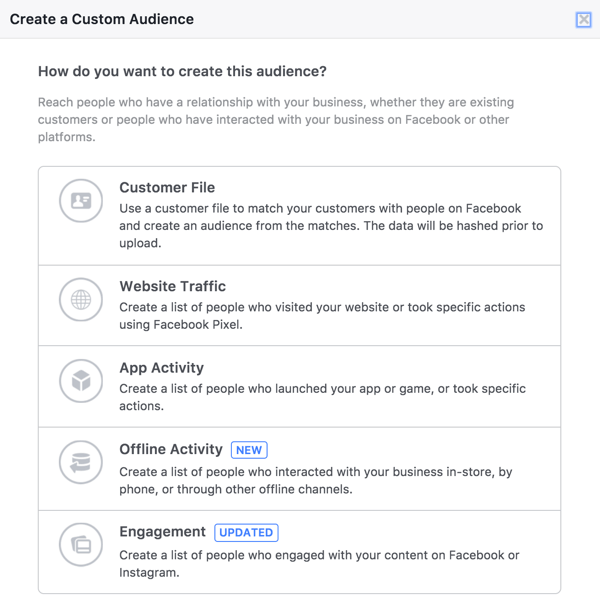 Dans l'outil Audiences Facebook, sélectionnez Engagement pour créer une audience de personnes qui ont regardé vos vidéos en direct.
