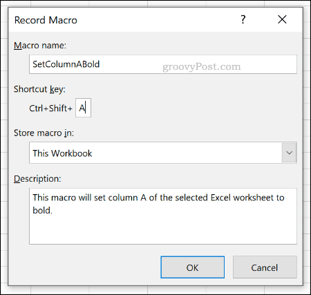 Le menu d'options Enregistrer la macro dans Excel