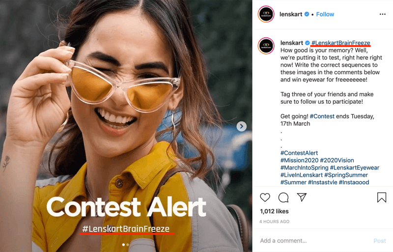 exemple de publication de concours Instagram qui comprend un hashtag de marque dans l'image et la légende