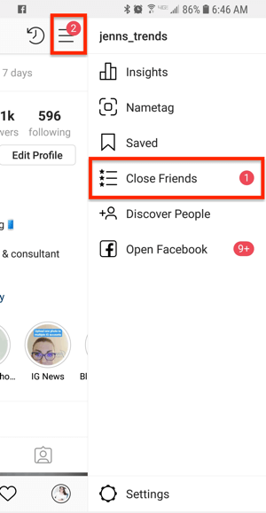 Option pour les amis proches à partir d'un profil Instagram.