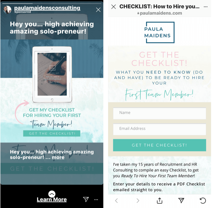 capture d'écran d'une publicité Instagram Stories offrant une liste de contrôle gratuite pour l'embauche de votre premier responsable d'équipe