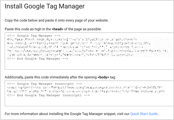 Code d'installation de Google Tag Manager sur le site Web