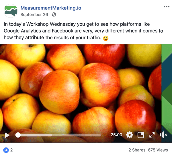 Ceci est une capture d'écran d'une publication Facebook de la page MeasurementMarking.io. Le message montre également une vidéo faisant la promotion de l’aimant principal de l’atelier de Chris Mercer. Les utilisateurs qui regardent ou cliquent sur la vidéo peuvent avoir atteint un objectif de sensibilisation.
