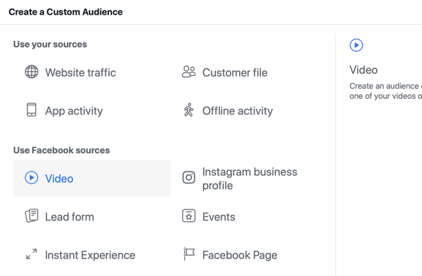 Comment promouvoir votre événement en direct sur Facebook, étape 8, créer une audience personnalisée dans Facebook Ads Manager en fonction des vues vidéo