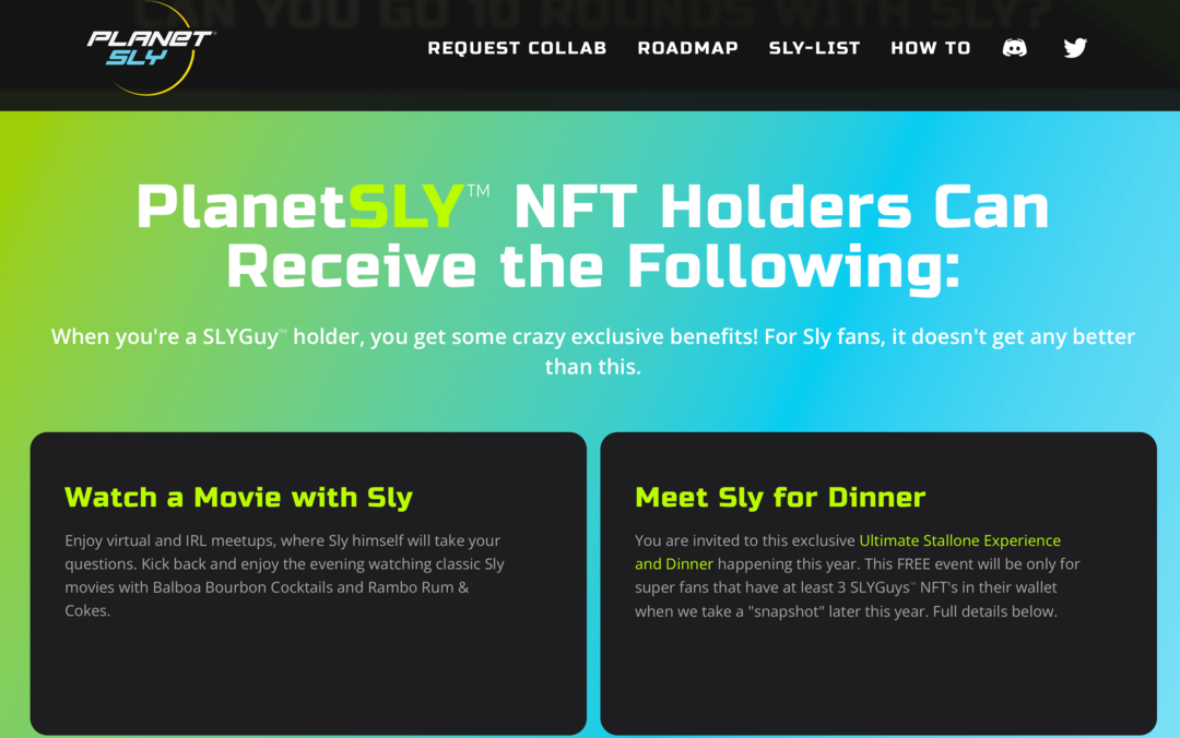 image du site Web PlanetSly expliquant les avantages pour les détenteurs de SLYGuy NFT