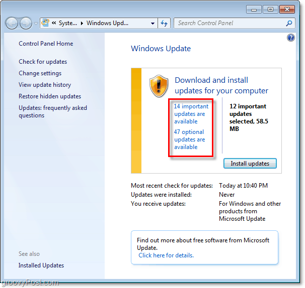 Windows 7 - Capture d'écran de la page de mise à jour Windows