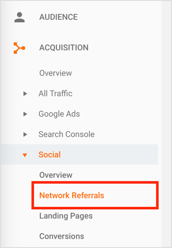 Accédez à votre tableau de bord Google Analytics et accédez à Network Referrals.