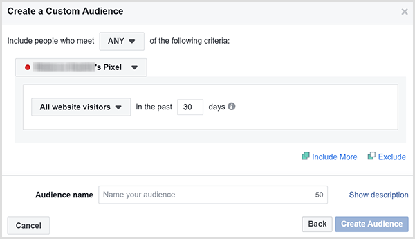 La boîte de dialogue Facebook Créer une audience personnalisée a une option pour cibler les publicités sur tous les visiteurs du site Web dans un certain nombre de jours.