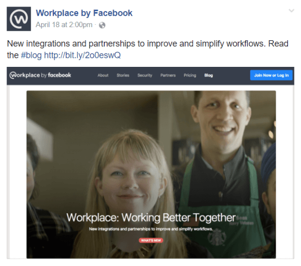 Facebook a annoncé plusieurs nouvelles intégrations et partenariats au sein de son outil de communication Workplace by Facebook.