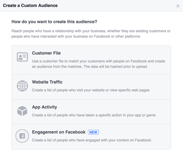 Choisissez comment vous souhaitez créer votre audience personnalisée Facebook.
