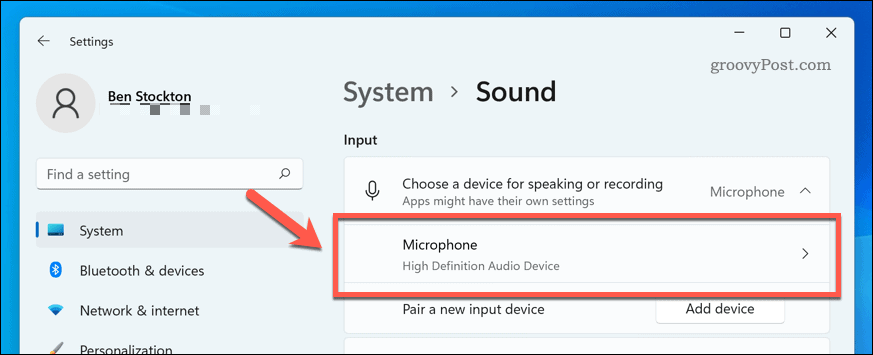 Ouvrir le micro dans les paramètres audio de Windows 11