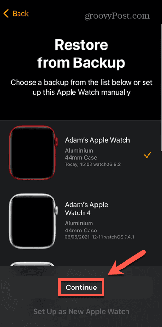 Apple Watch sélectionner la sauvegarde