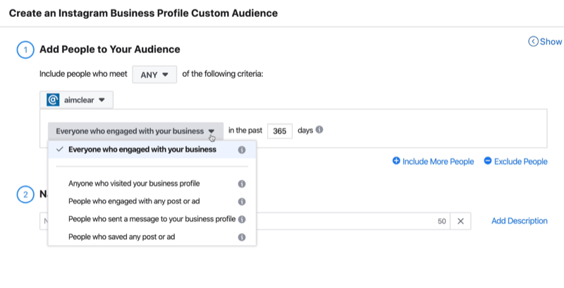 Créer une fenêtre d'audience personnalisée de profil d'entreprise Instagram