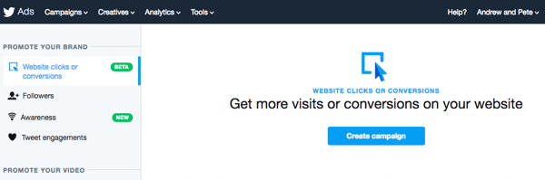Sélectionnez l'option Clics ou conversions sur le site Web pour configurer votre annonce Twitter.