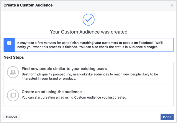 Le message Votre audience personnalisée a été créée qui s'affiche après la création d'une audience personnalisée Facebook