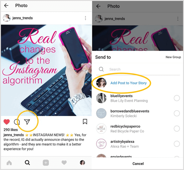 Recherchez l'option Ajouter une publication à votre histoire pour voir si vous avez accès à la fonctionnalité de partage d'Instagram.