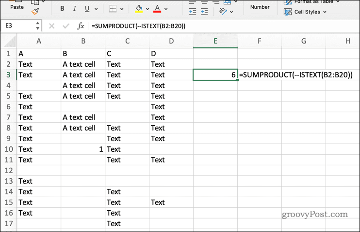Utilisation de SUMPRODUCT avec ISTEXT dans Excel