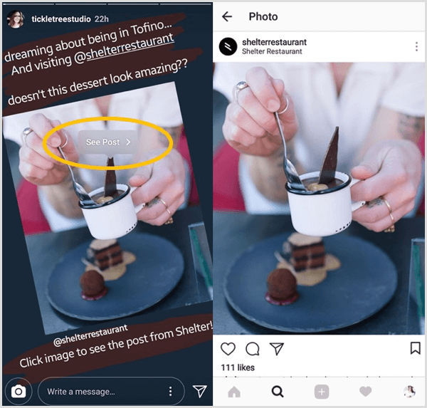 Appuyez sur une publication Instagram partagée, puis appuyez sur le bouton Voir la publication pour accéder directement à la publication d'origine de cet utilisateur.