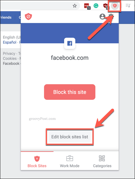 L'option Chrome BlockSite Modifier la liste des sites de blocage