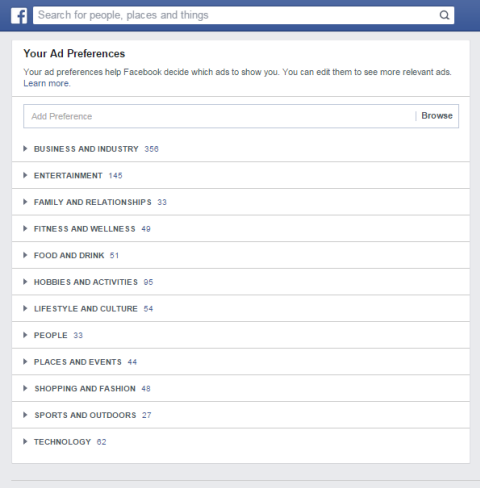 Catégories de préférences d'annonces Facebook