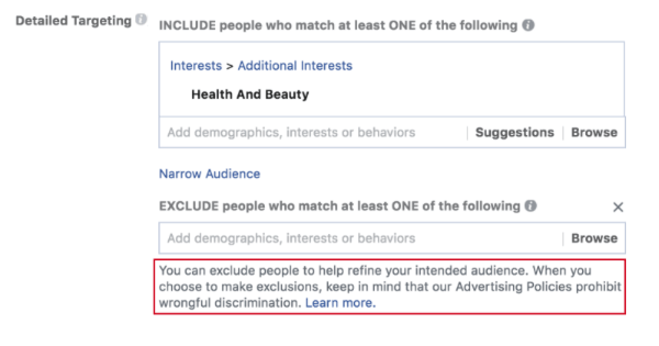 Facebook a déployé de nouvelles invites qui rappellent aux annonceurs les politiques anti-discrimination de Facebook avant de créer une campagne publicitaire et lors de l'utilisation de ses outils d'exclusion.
