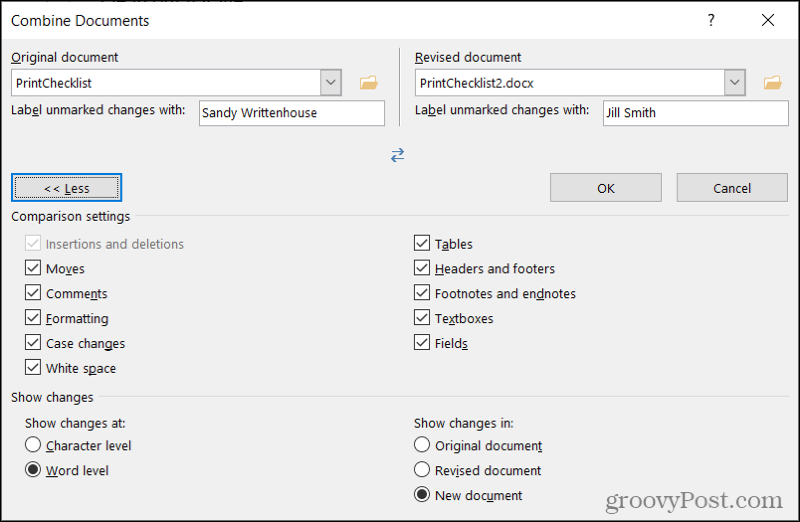 Options pour combiner les révisions de documents dans Word