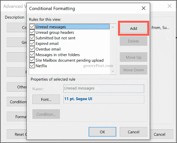 Cliquez sur Ajouter pour ajouter une nouvelle règle de format conditionnel dans Outlook